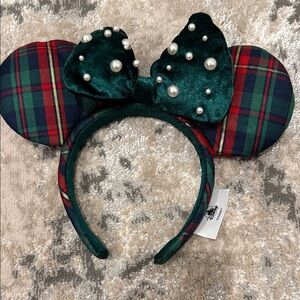 Disney Plaid Green and Red Headband with Bow and Pearls